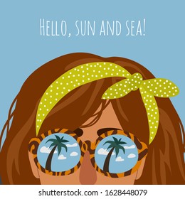 Face of a red-haired girl close-up in sunglasses with reflection of the blue sky and tropical palm trees in the glasses. Cute vector flat illustration.