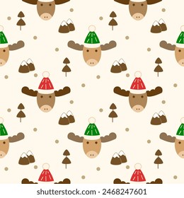 Face reindeer and hat cartoon so cute. On tree mountain background. Pattern seamless vector illustration. 