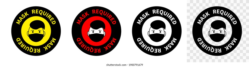 Face with required mask icon set. Red safety during coronavirus character with hipster hairstyle yellow pandemic and mandatory wearing of protective mask for prevention vector respiratory infection.