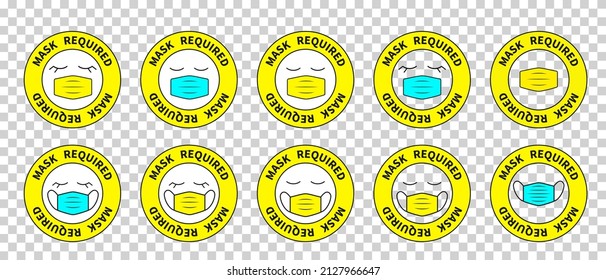 Face with required mask. Safety yellow during coronavirus pandemic and mandatory wearing of protective blue mask for prevention vector respiratory infection.