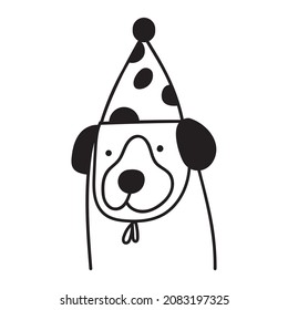 Face of retriever. Outline icon. Dog wearing party hat. Vector illustration on white background. 