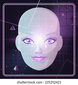 Face with Retro Style Background Pyramid Triangle Cosmic Space, vector illustration cartoon.