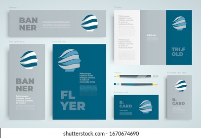 Face and ribbon advocate theme Set flyer cover, tri-fold, banner, roll up banner, business card