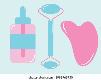 Face roller and gua sha for facial massage. Self care at home anti-age routine. Hand drawn flat illustration about beauty.