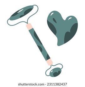 Face roller and jade face gua sha stone scraper. Beauty facial massage. Flat vector illustration.