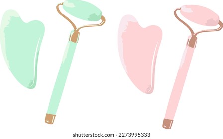 Rodillos y arañazos (gua sha). Cuartz rosa y piedra de Jade. Herramientas de masaje facial. Ilustraciones vectoriales.