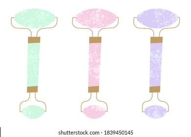 Face rollers set for facial massage. Texture of jade, rose quartz, amethyst. Guasha acupuncture treatment concept. Self care at home anti-age routine. Hand drawn flat illustration about beauty.