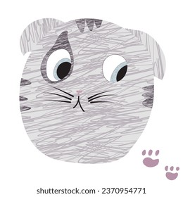 the face of a sad kitten, a gray kitten with a sad look, a child's drawing drawn with strokes and carelessly painted over
