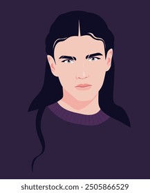 La cara de un joven moreno triste sobre un fondo oscuro. Vector plano Ilustración