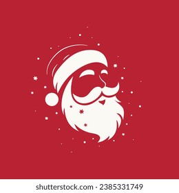 Cara de Santa Claus con barba, bigote y sombrero de Navidad con pompa sobre fondo rojo.