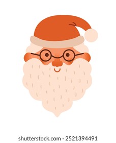 Rosto de Papai Noel com chapéu e óculos. Ilustração ingênua bonito para cartão de saudação para o Ano Novo, Natal. Retrato de São Nicolau em desenho animado. Design plano. Férias de inverno. Adesivo Kawaii.