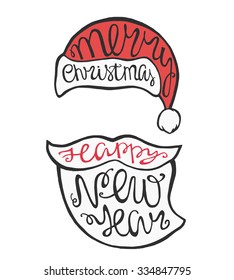 Face Santa Claus in hipster style and handdrawn lettering for greeting cards. Vector Christmas card.