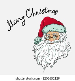 Face Santa Claus with lettering merry Christmas. Vector illustration isolated.