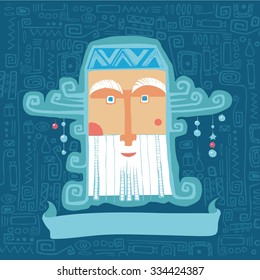 Face of Santa Claus on a patterned background.