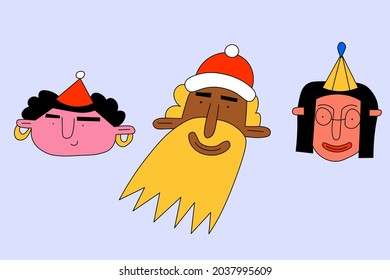 face of santa claus surrounded by different mixed-race kids. Christmas card. Children's vibrant style. Bizarre faces of boys, girls, grandfathers. Children's New Year's party