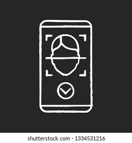 Face scan approved chalk icon. Face scan protection mobile app. Facial recognition. Access granted. Isolated vector chalkboard illustration