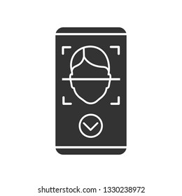 Face scan approved glyph icon. Silhouette symbol. Face scan protection mobile app. Facial recognition. Access granted. Negative space. Vector isolated illustration