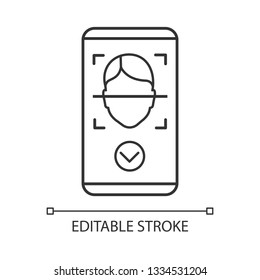 Face scan approved linear icon. Face scan protection mobile app thin line illustration. Facial recognition contour symbol. Access granted. Vector isolated outline drawing. Editable stroke