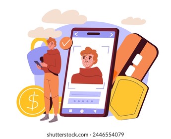 Face scan concept. Man standing near smartphone. Authorization and authentication. Login and password. Safety and security of personal information. Cartoon flat vector illustration
