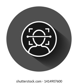 Face scan icon in flat style. Facial id vector illustration on black round background with long shadow. Identification algorithm business concept.