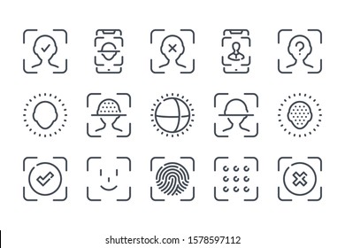 Face Scan and Face ID and related line icon set. Identification and Recognition linear icons. Biometric authentication outline vector sign collection.