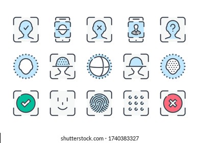 Face Scan, Face Identification, Scanner and Recognition related color line icon set. Technology Scan Access colorful linear icons. Biometric Authentication flat color outline vector sign collection.