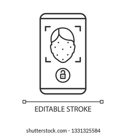 Face scan protection mobile application linear icon. Face lock app thin line illustration. Facial recognition contour symbol. Face scan approved. Vector isolated outline drawing. Editable stroke