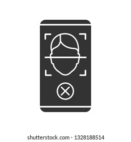 Face scan rejection glyph icon. Silhouette symbol. Face lock mobile, smartphone app. Facial recognition. Permission access denied. Negative space. Vector isolated illustration