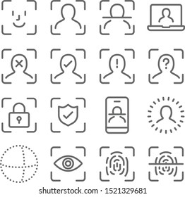 Face Scan Security icons set vector illustration. Contains such icon as Fingerprint Scan, Face Recognition, Eye Scan, Biometric Identity and more. Expanded Stroke