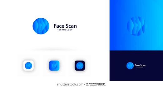 Tecnologia de varredura facial logo Acesso seguro biométrico facial, login de identidade digital, segurança cibernética, cirurgia plástica. Tecnologias para aplicativos de reconhecimento de IA, design de perfil de avatar. Ilustração vetorial