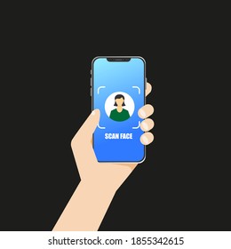 Enfrentar la aplicación de escaneo en un smartphone. Concepto de reconocimiento facial para sitios web, banners, infografías. Diseño de aplicaciones. EPS10 vectores