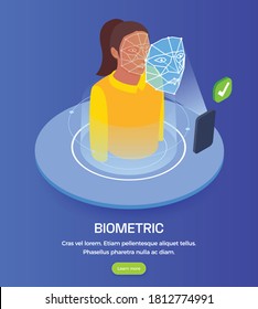 Face scanning biometric technology isometric concept with woman and electronic device on blue background 3d vector illustration