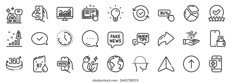 Face scanning, Buying house and Buy button line icons pack. Share, Message, Paper plane icons. Pie chart, Time, Medical phone web icon. Fake news, Phone wallet, Statistics pictogram. Vector