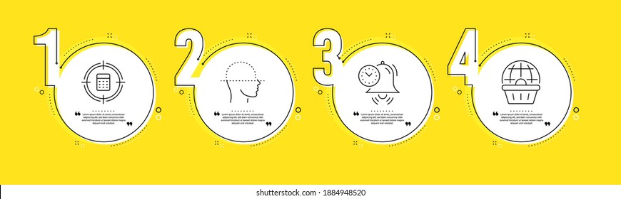 Face scanning, Calculator target and Time management line icons set. Timeline process infograph. Online shopping sign. Faces detection, Audit, Alarm clock. Internet buying. Technology set. Vector
