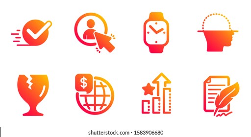 Face scanning, Checkbox and Smartwatch line icons set. Ranking stars, User and Fragile package signs. World money, Feather signature symbols. Faces detection, Approved. Business set. Vector