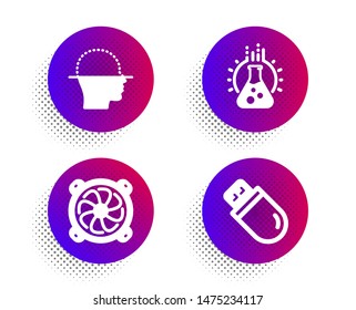 Face scanning, Chemistry lab and Computer fan icons simple set. Halftone dots button. Usb stick sign. Faces detection, Laboratory, Pc ventilator. Memory flash. Science set. Vector