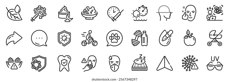 Face scanning, Clean hands and Dumbbell line icons pack. Share, Message, Paper plane icons. Sick man, Leaf dew, Night cream web icon. Dental insurance, Coronavirus, Pets care pictogram. Vector