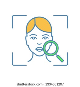Face scanning color icon. Facial recognition. Human head and magnifying glass. Face ID. Identity verification. Isolated vector illustration