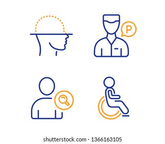 Face Scanning, Find User And Valet Servant Icons Simple Set. Disabled Sign. Faces Detection, Search Person, Parking Man. Handicapped Wheelchair. People Set. Linear Face Scanning Icon. Vector