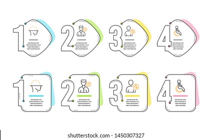 Face Scanning, Find User And Valet Servant Icons Simple Set. Disabled Sign. Faces Detection, Search Person, Parking Man. Handicapped Wheelchair. People Set. Infographic Timeline. Vector