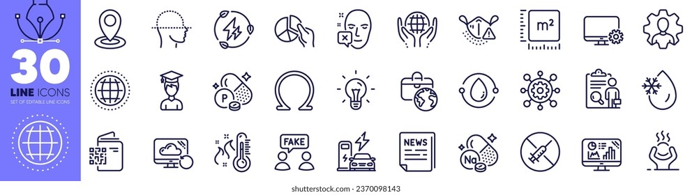 Escaneo facial, Empresarios globales e íconos de línea de estrés difícil. Icono web Professional, Omega, Configuración del monitor. Gráfico circular, información falsa, pictograma de marco. Inspeccionar. Vector