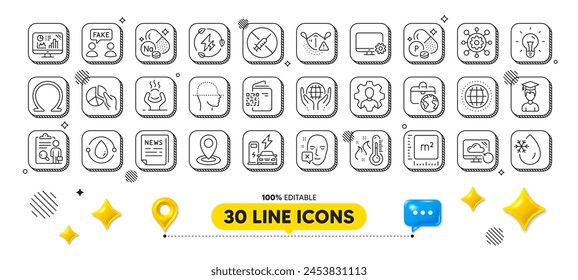 Face scanning, Global business and Difficult stress line icons pack. 3d design elements. Professional, Omega, Monitor settings web icon. Pie chart, Fake information, Framework pictogram. Vector