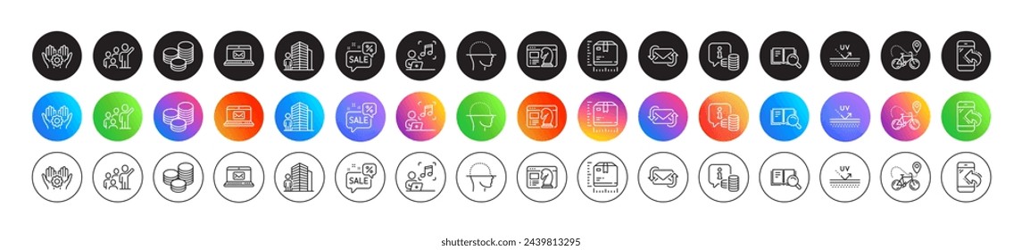 Face scanning, Info and Discounts bubble line icons. Round icon gradient buttons. Pack of Agent, Uv protection, Refresh mail icon. Tips, Bike delivery, Music pictogram. Vector