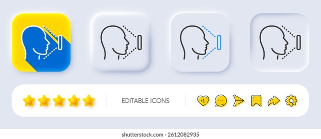 Face scanning line icon. Neumorphic, Flat shadow, 3d buttons. Phone Face id sign. Head identification symbol. Line face id icon. Social media icons. Vector