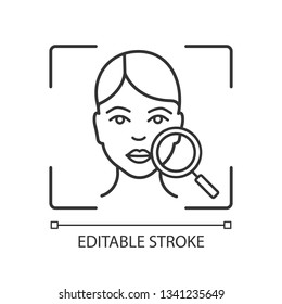 Face scanning linear icon. Facial recognition. Human head and magnifying glass thin line illustration. Face ID. Identity verification. Contour symbol. Vector isolated outline drawing. Editable stroke