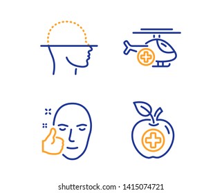 Face scanning, Medical helicopter and Healthy face icons simple set. Medical food sign. Faces detection, Sky transport, Healthy cosmetics. Apple. Healthcare set. Linear face scanning icon. Vector