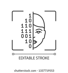 Face scanning procedure linear icon. Facial recognition thin line illustration. Identity authentication. Binary code. Face ID scan contour symbol. Vector isolated outline drawing. Editable stroke