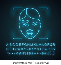 Face scanning procedure neon light icon. Facial recognition markers, points. Partial matching analysis. Glowing sign with alphabet, numbers and symbols. Vector isolated illustration