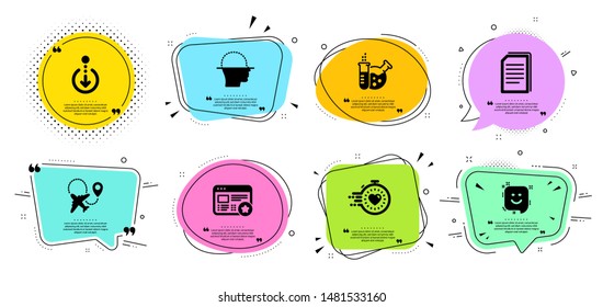 Face scanning, Scroll down and Chemistry lab line icons set. Chat bubbles with quotes. Airplane, Favorite and Smile signs. Copy files, Timer symbols. Faces detection, Swipe screen. Vector