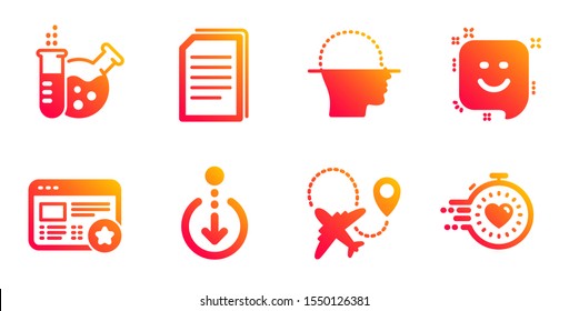 Face scanning, Scroll down and Chemistry lab line icons set. Airplane, Favorite and Smile signs. Copy files, Timer symbols. Faces detection, Swipe screen. Technology set. Vector